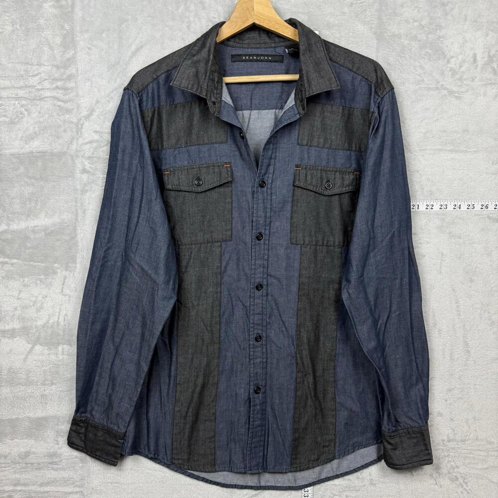 Sean John Long Sleeve Colorblock Shirt XL Two-Tone Denim Look Casual Button-Up